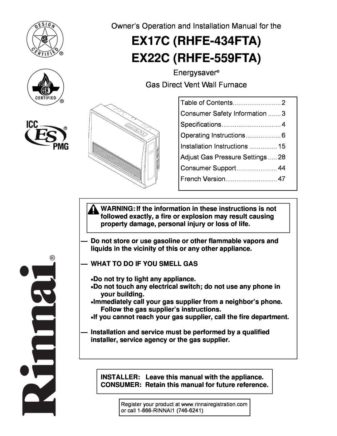 Rinnai EX17C (RHFE-434FTA), EX22C (RHFE-559FTA) installation manual EX17C RHFE-434FTA, EX22C RHFE-559FTA, Energysaver 