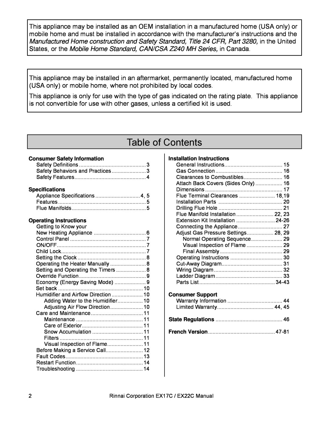 Rinnai EX22C (RHFE-559FTA) Table of Contents, Consumer Safety Information, Specifications, Operating Instructions 