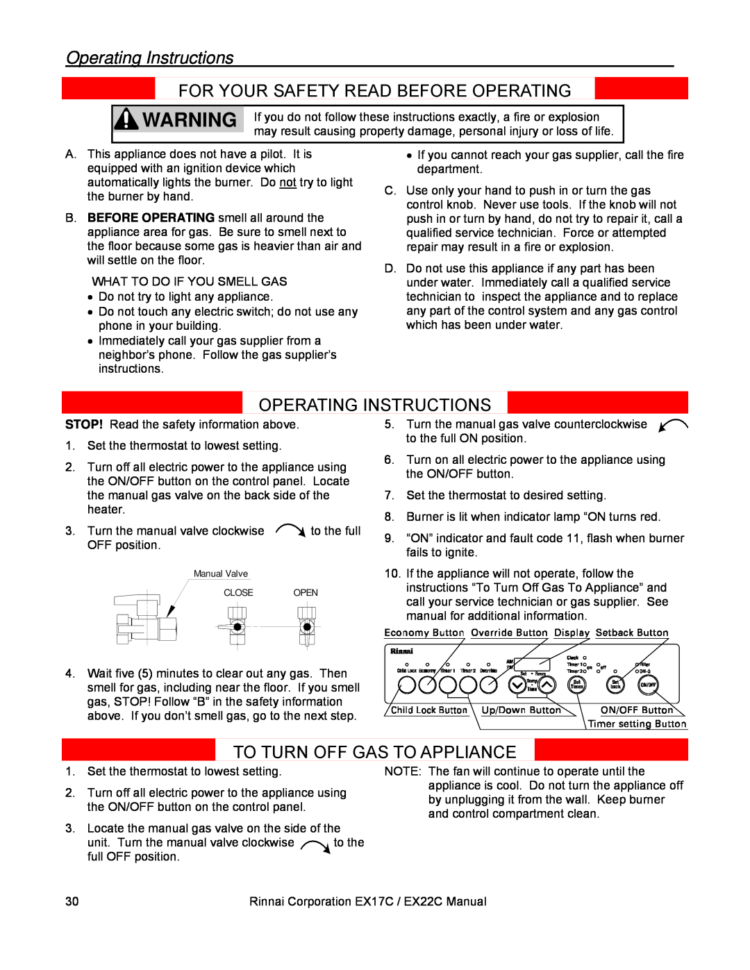 Rinnai EX22C (RHFE-559FTA) Operating Instructions, For Your Safety Read Before Operating, To Turn Off Gas To Appliance 