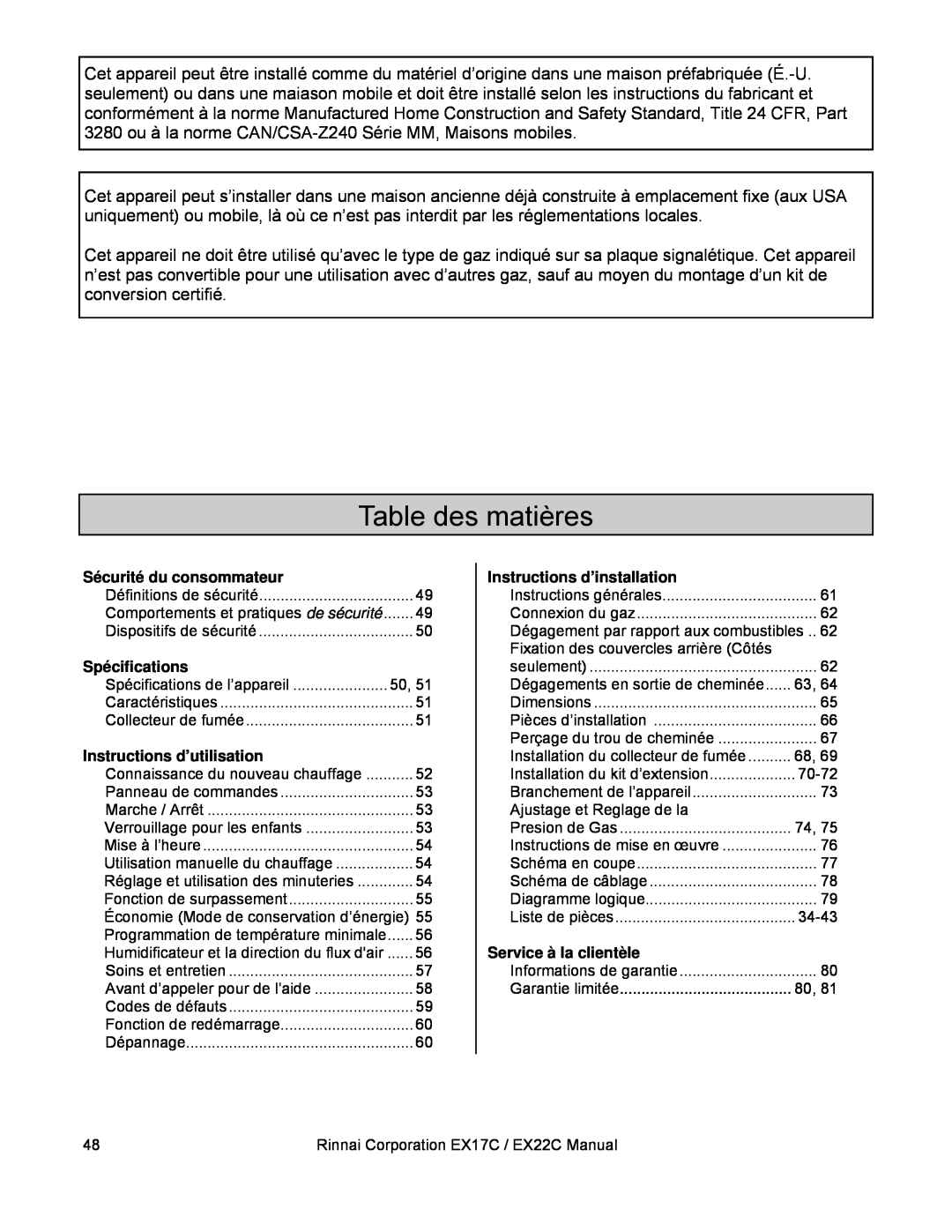 Rinnai EX22C (RHFE-559FTA) Table des matières, Sécurité du consommateur, Spécifications, Instructions d’utilisation 
