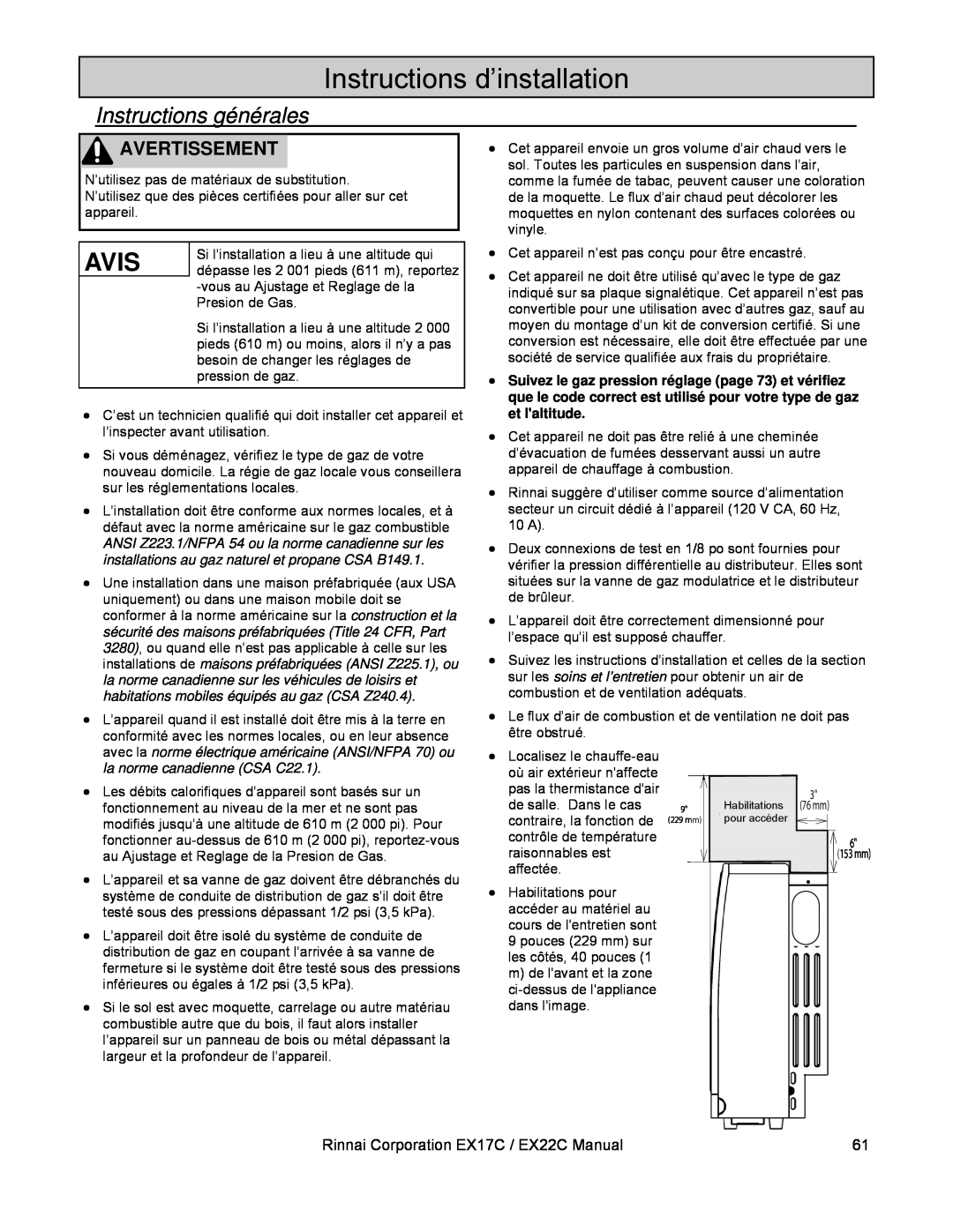 Rinnai EX17C (RHFE-434FTA), EX22C (RHFE-559FTA) installation manual Instructions d’installation, Instructions générales 