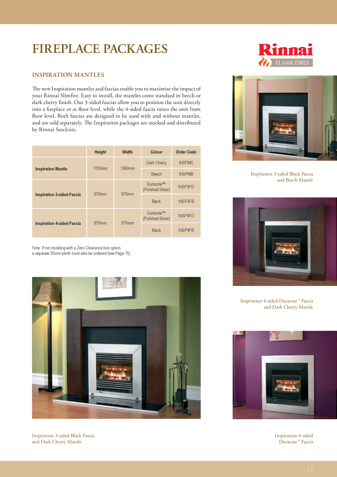 Rinnai FLAME FIRES manual Fireplace Packages, Inspiration Mantles 