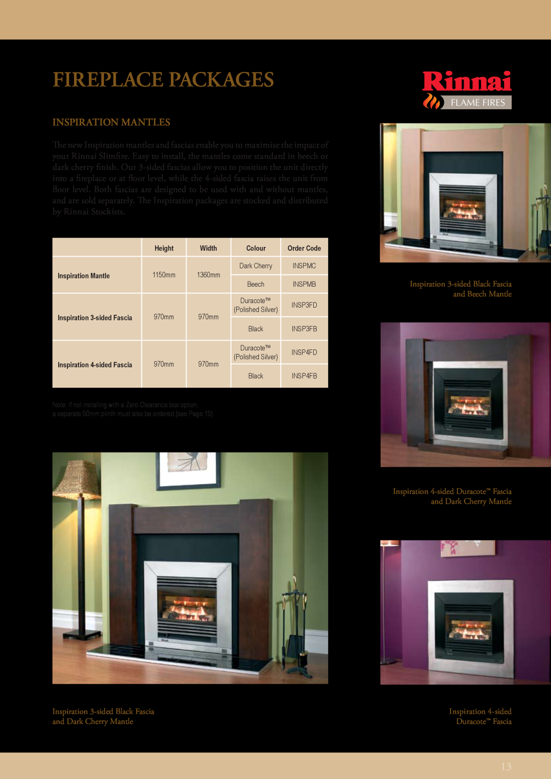 Rinnai FLAME FIRES manual Fireplace Packages, Inspiration MANTLES, Flame Fires 