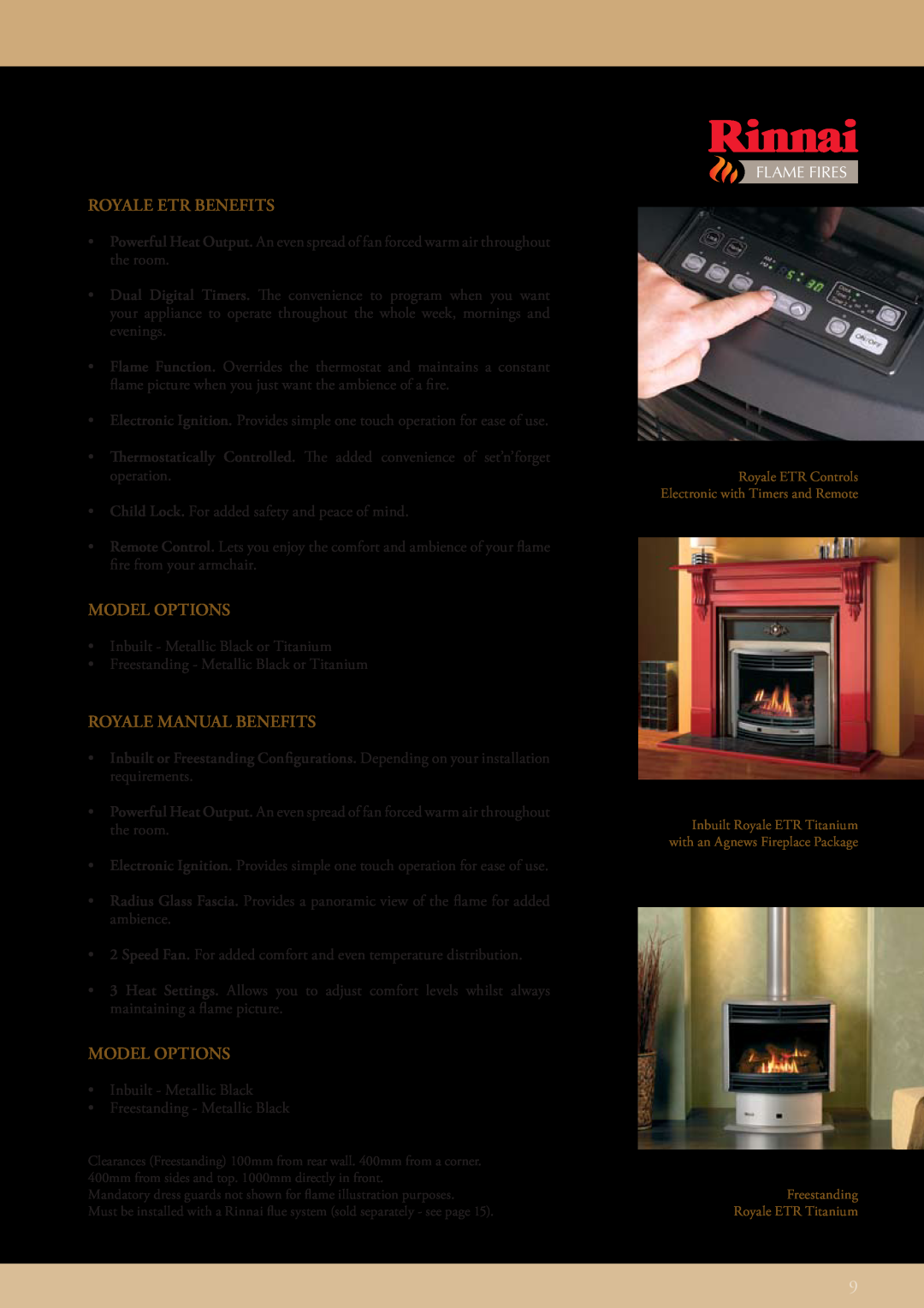 Rinnai FLAME FIRES manual ROYALE ETR Benefits, Model Options, ROYALE MANUAL Benefits, Flame Fires 