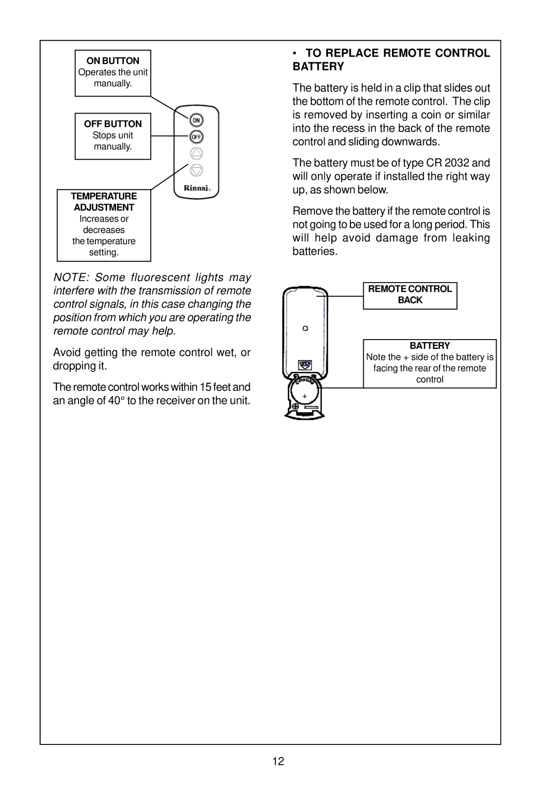 Rinnai IB35ETRLC, IB35ETRN installation manual To Replace Remote Control Battery 