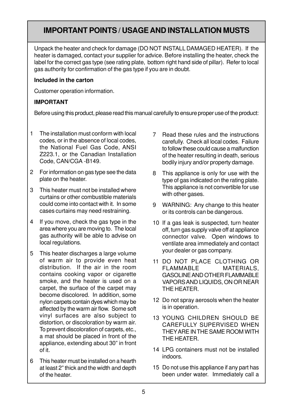 Rinnai IB35ETRN, IB35ETRLC installation manual Important Points / Usage and Installation Musts, Included in the carton 