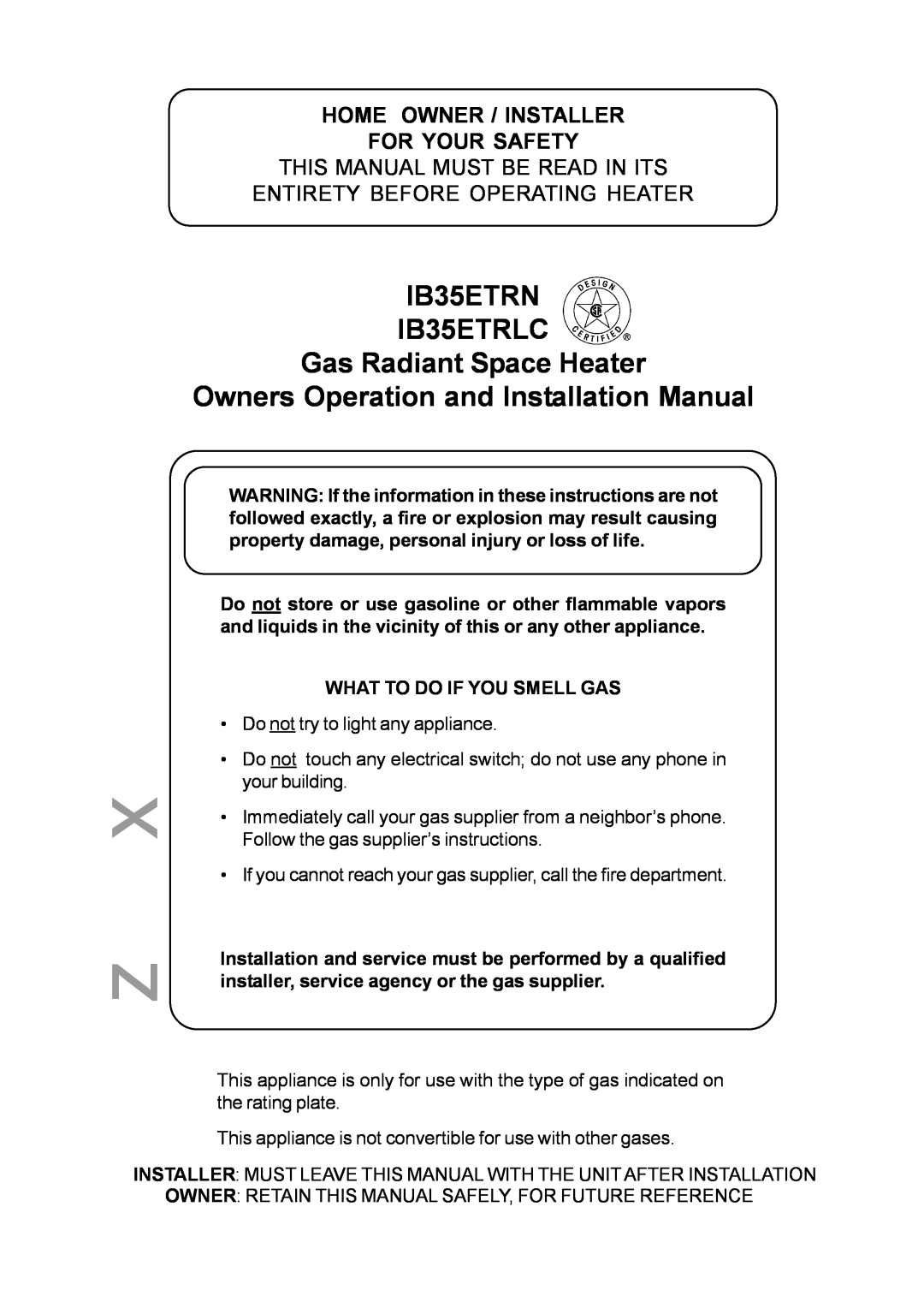 Rinnai installation manual IB35ETRN IB35ETRLC Gas Radiant Space Heater, Owners Operation and Installation Manual 
