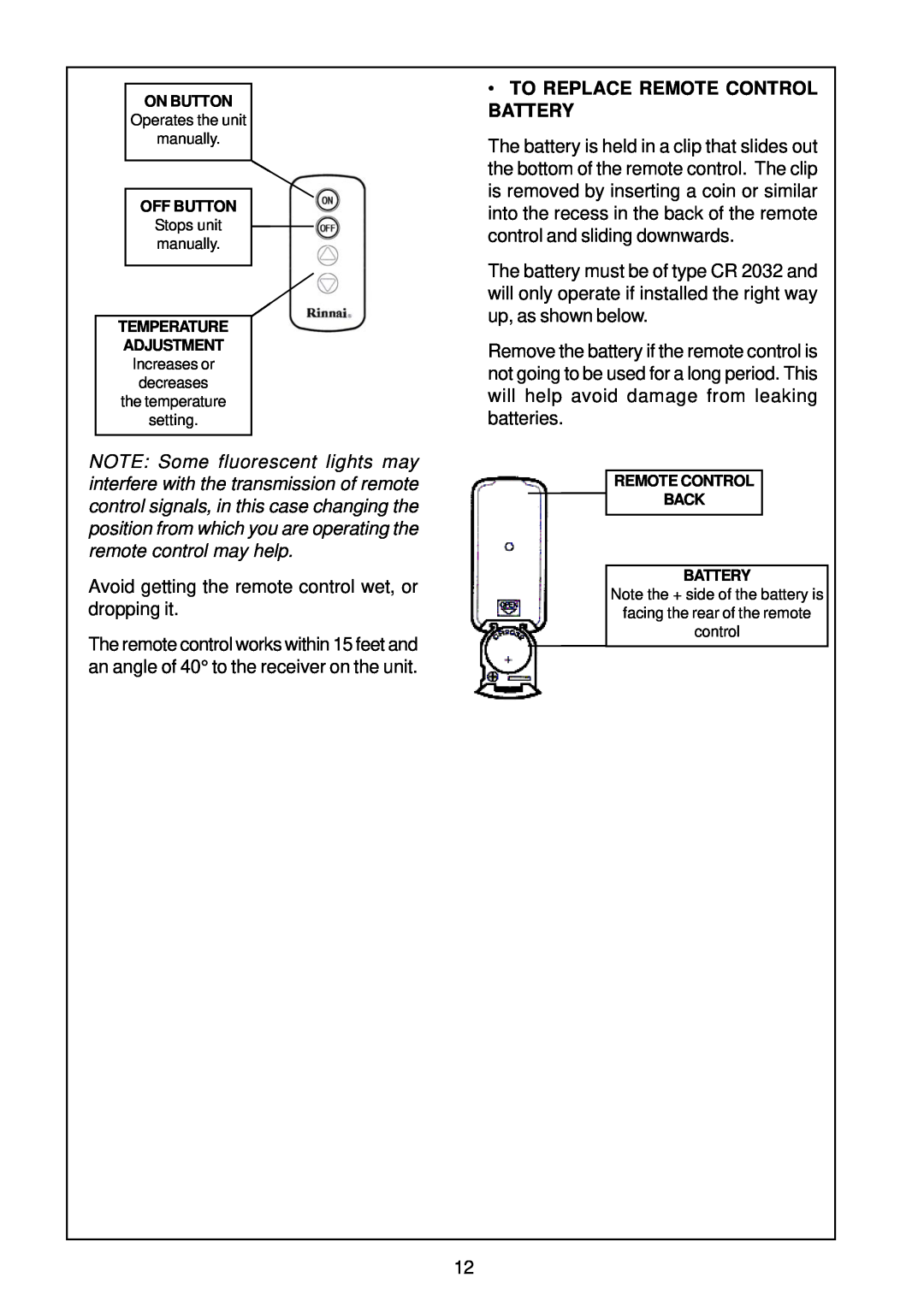 Rinnai IB35ETRLC, IB35ETRN installation manual To Replace Remote Control Battery 
