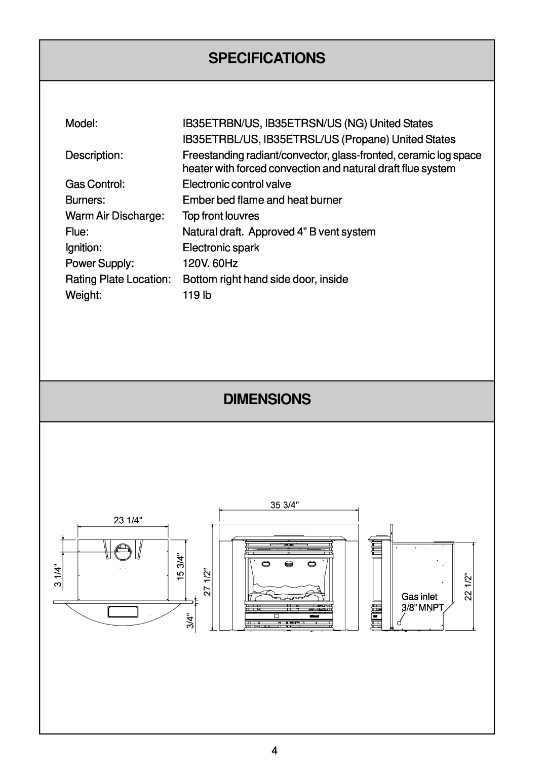 Rinnai IB35ETRLC, IB35ETRN installation manual Specifications, Dimensions 