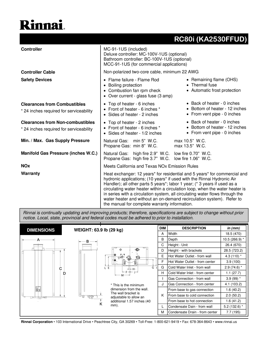 Rinnai KA2530FFUD manual Dimensions, Weight 63.9 lb 29 kg 