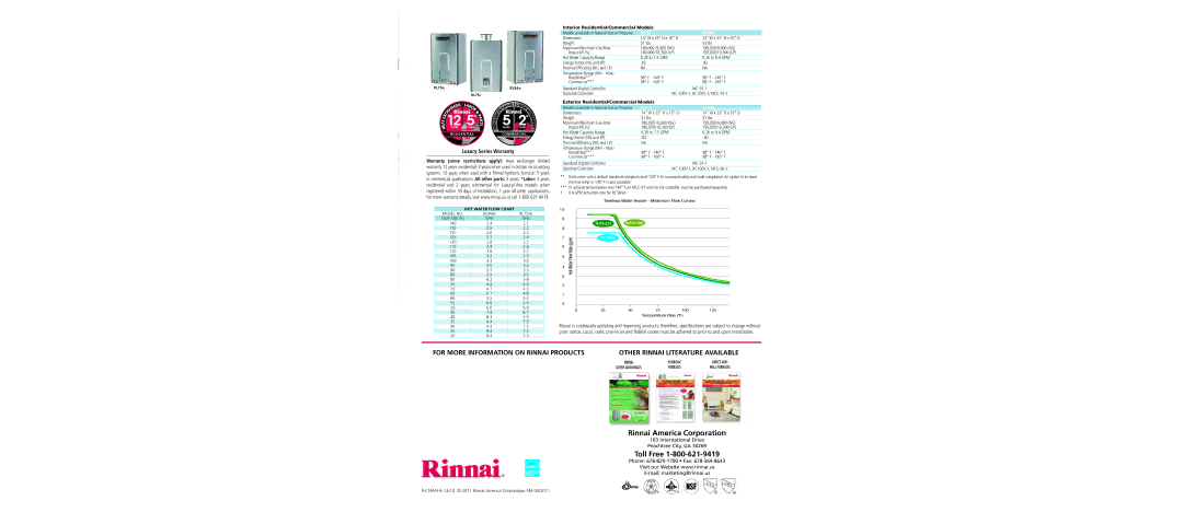 Rinnai MC-100V-1-S specifications Luxury Series Warranty, RL75i RL94i, RL75e RL94e 