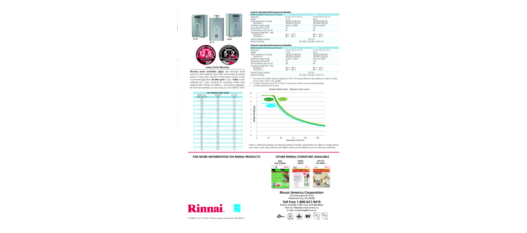 Rinnai MC-100V-1-S Rinnai America Corporation, Toll Free, FOR MORE INFORMATION ON RINNAI pROdUCTS, Luxury Series Warranty 