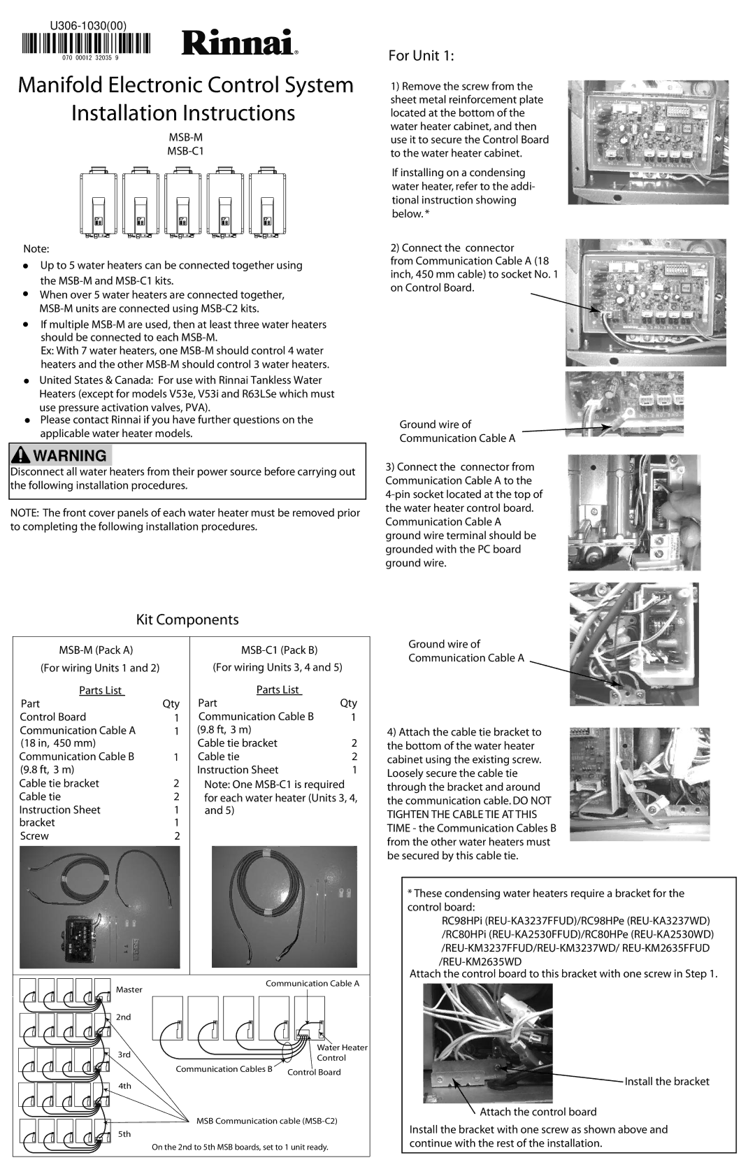 Rinnai installation instructions Kit Components, For Unit, MSB-M MSB-C1 