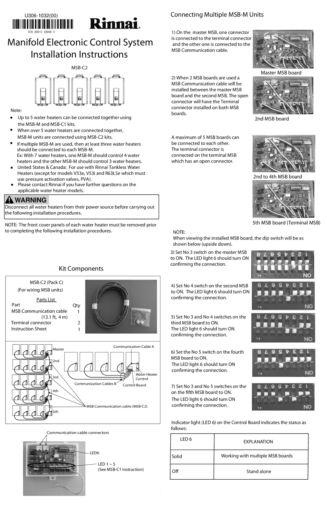 Rinnai MSB-C2 installation instructions Kit Components, Connecting Multiple MSB-M Units, Master MSB board, 2nd MSB board 