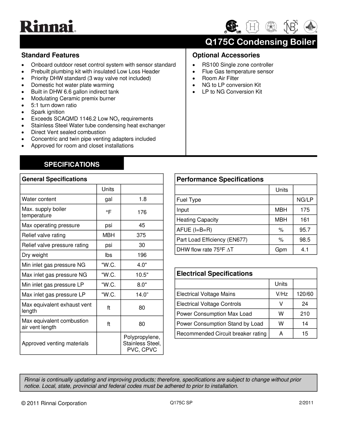 Rinnai Q175C specifications Standard Features, Optional Accessories, Performance Specifications 