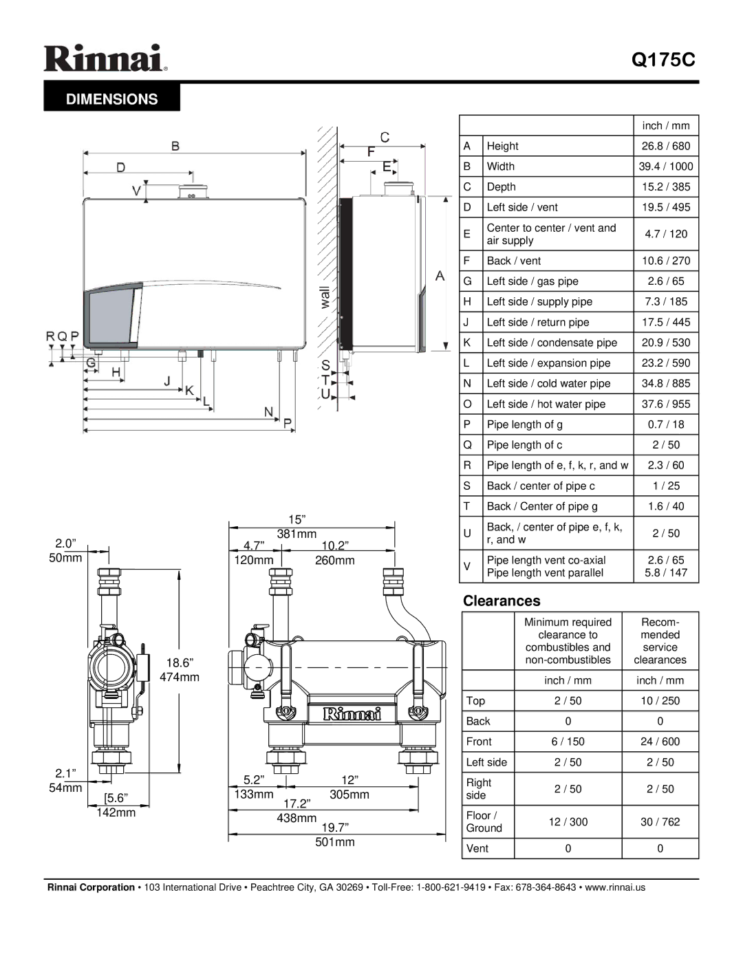 Rinnai Q175C specifications Dimensions, Clearances 