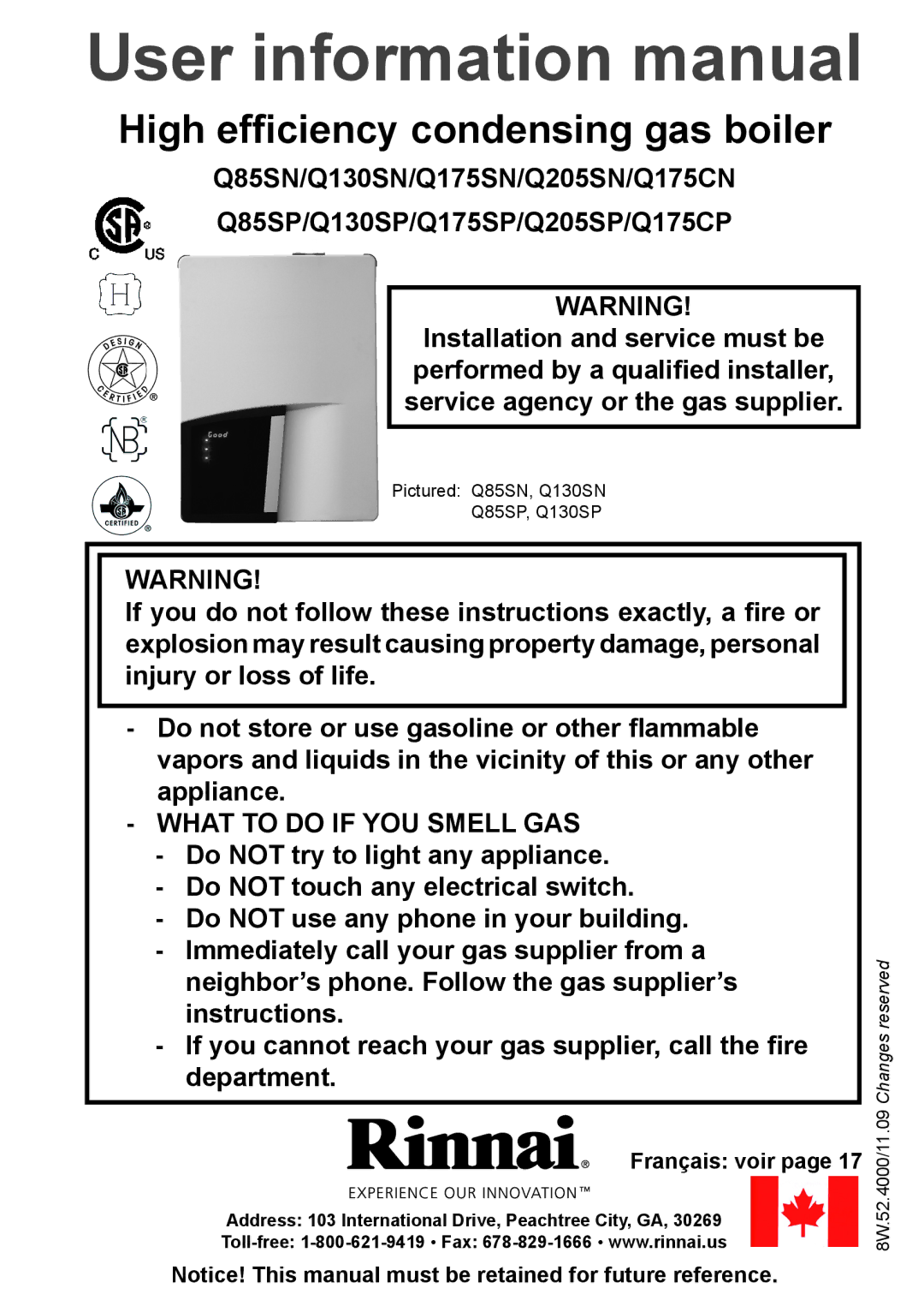 Rinnai Q85SN, Q175CP, Q85SP, Q175SN, Q130SN, Q175SP, Q205SP, Q175CN, Q130SP, Q205SN manual User information manual, Français voir 