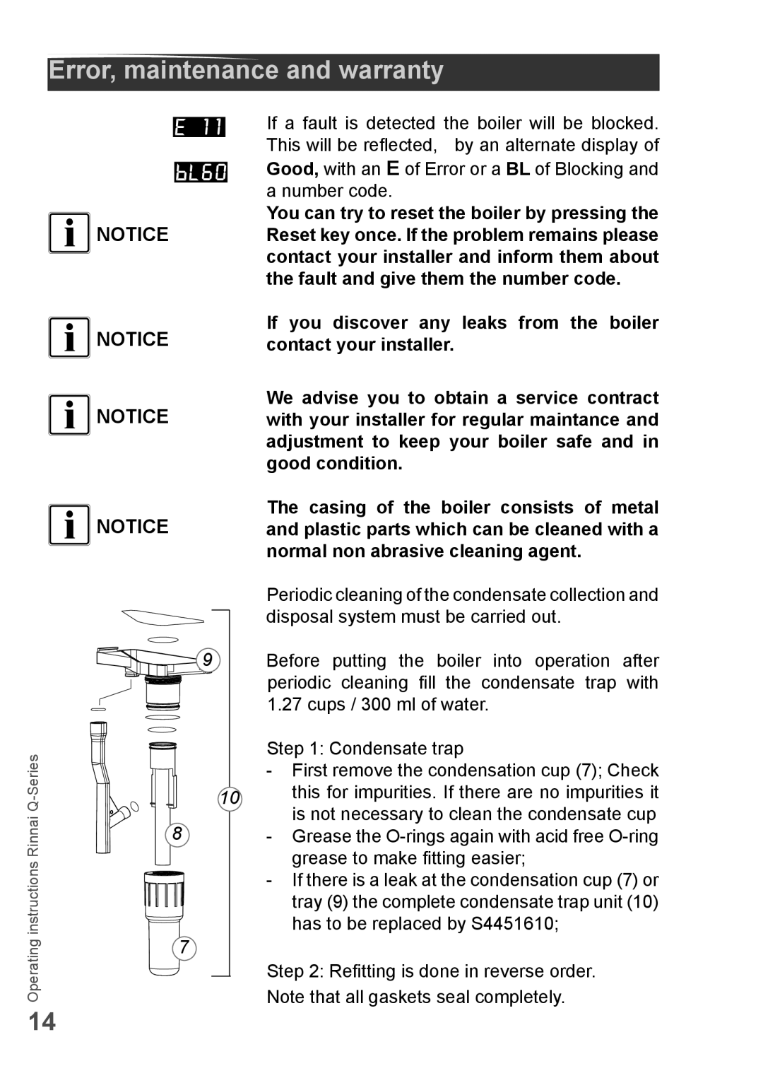 Rinnai Q130SN, Q175CP, Q85SN, Q85SP, Q175SN, Q175SP, Q205SP, Q175CN, Q130SP, Q205SN manual Error, maintenance and warranty 