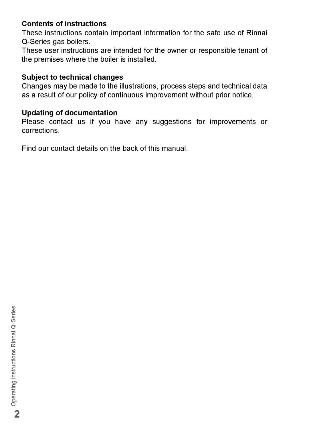 Rinnai Q85SP, Q175CP, Q85SN, Q175SN, Q130SN Contents of instructions, Subject to technical changes, Updating of documentation 