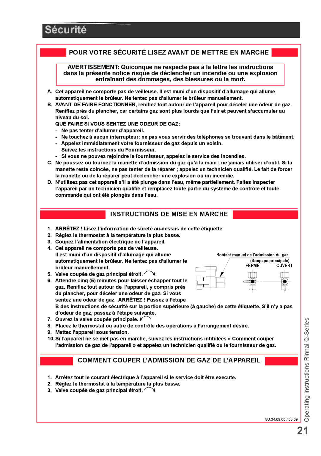 Rinnai Q85SN, Q175CP, Q85SP, Q175SN, Q130SN, Q175SP, Q205SP, Q175CN manual Pour Votre Sécurité Lisez Avant DE Mettre EN Marche 