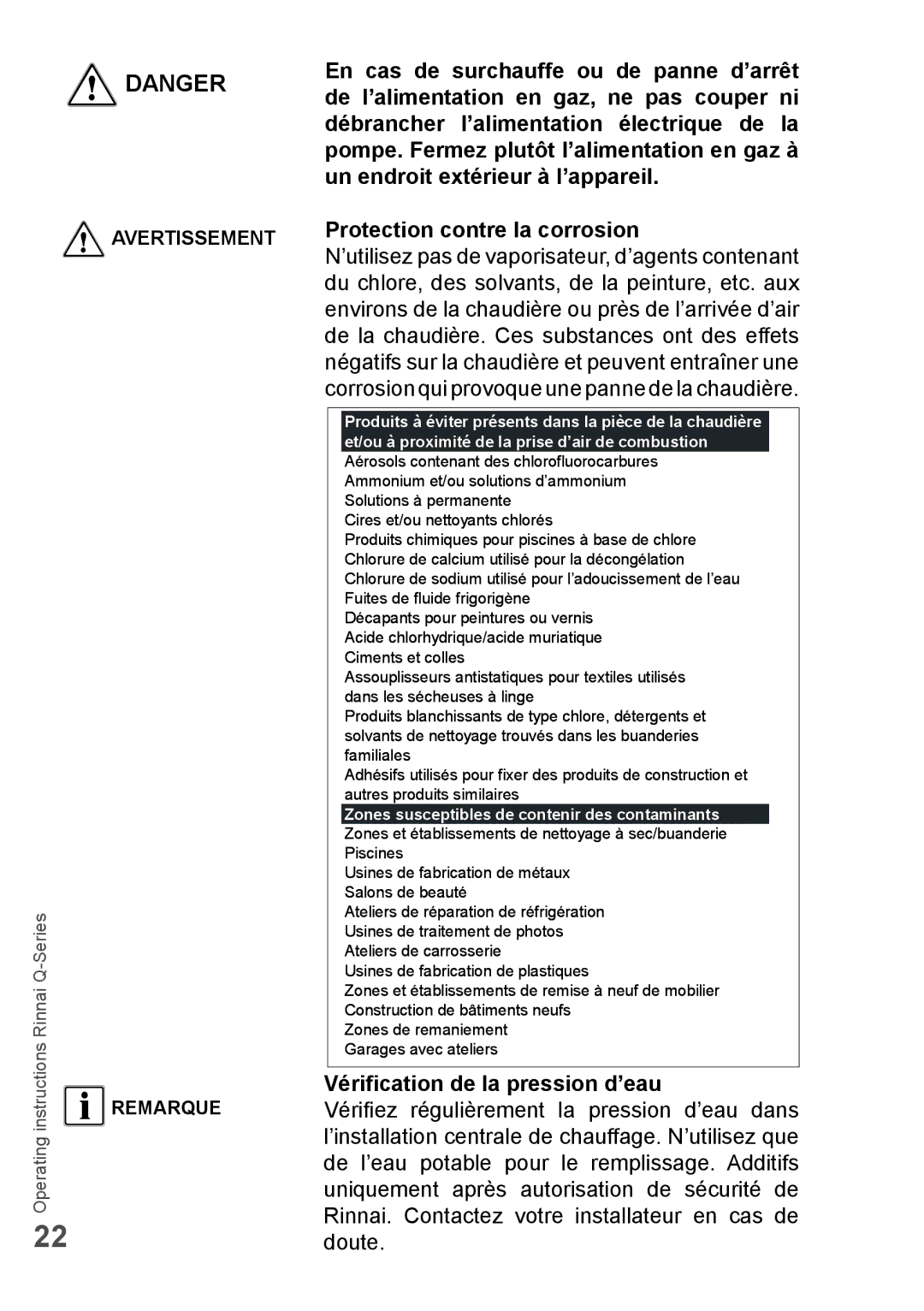 Rinnai Q85SP, Q175CP, Q85SN, Q175SN, Q130SN, Q175SP, Q205SP, Q175CN, Q130SP, Q205SN manual Vérification de la pression d’eau 