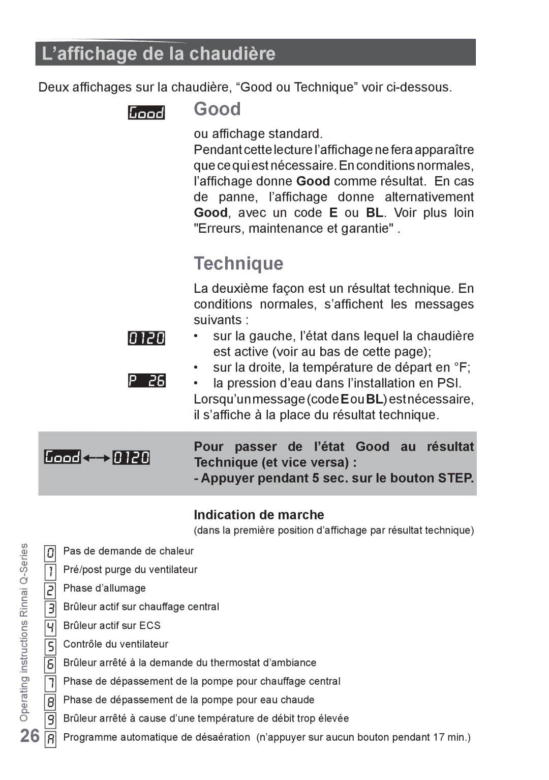 Rinnai Q205SP, Q175CP, Q85SN, Q85SP, Q175SN, Q130SN, Q175SP, Q175CN, Q130SP, Q205SN manual ’affichage de la chaudière, Technique 