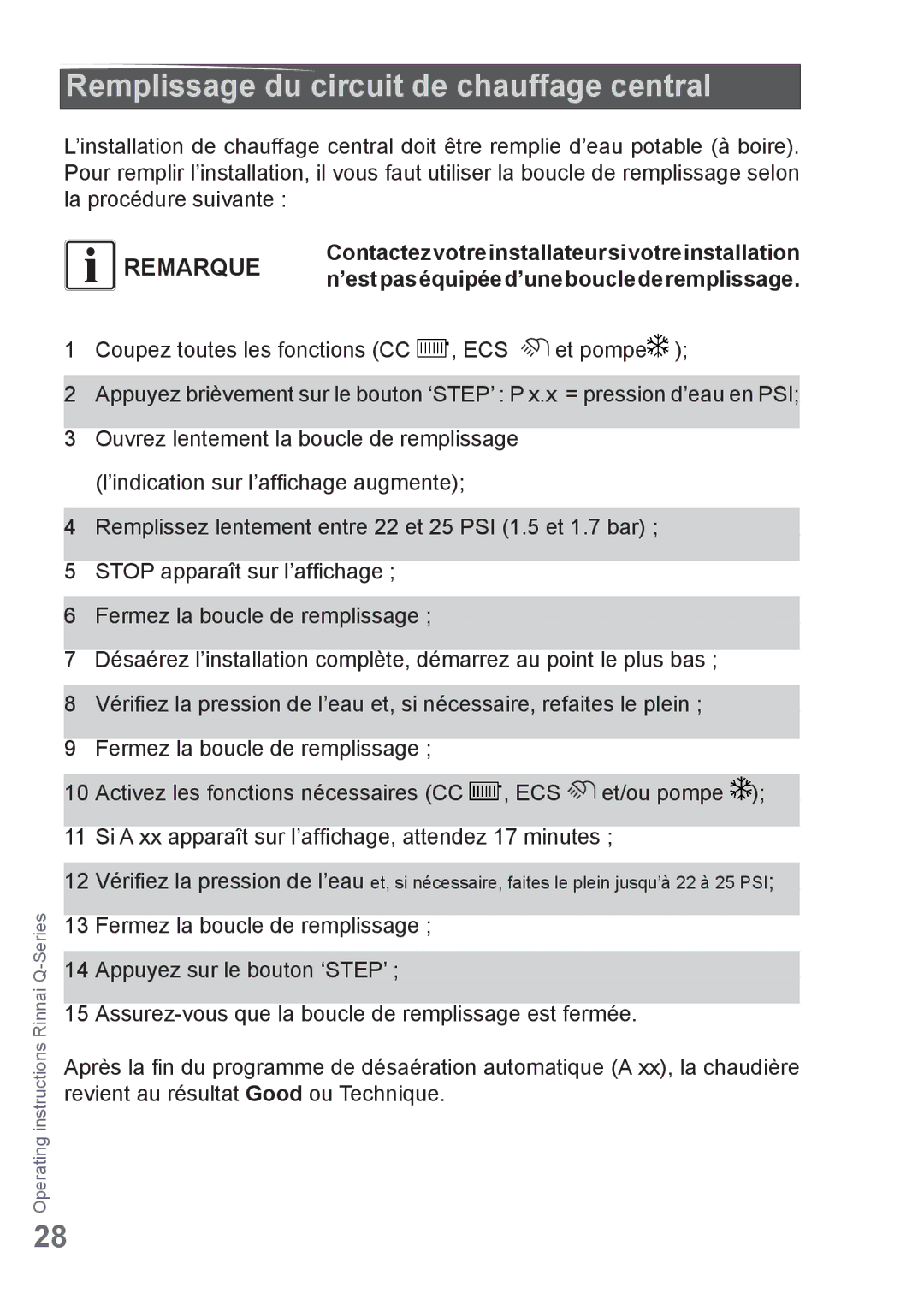 Rinnai Q130SP, Q175CP, Q85SN Remplissage du circuit de chauffage central, Contactezvotreinstallateursivotreinstallation 