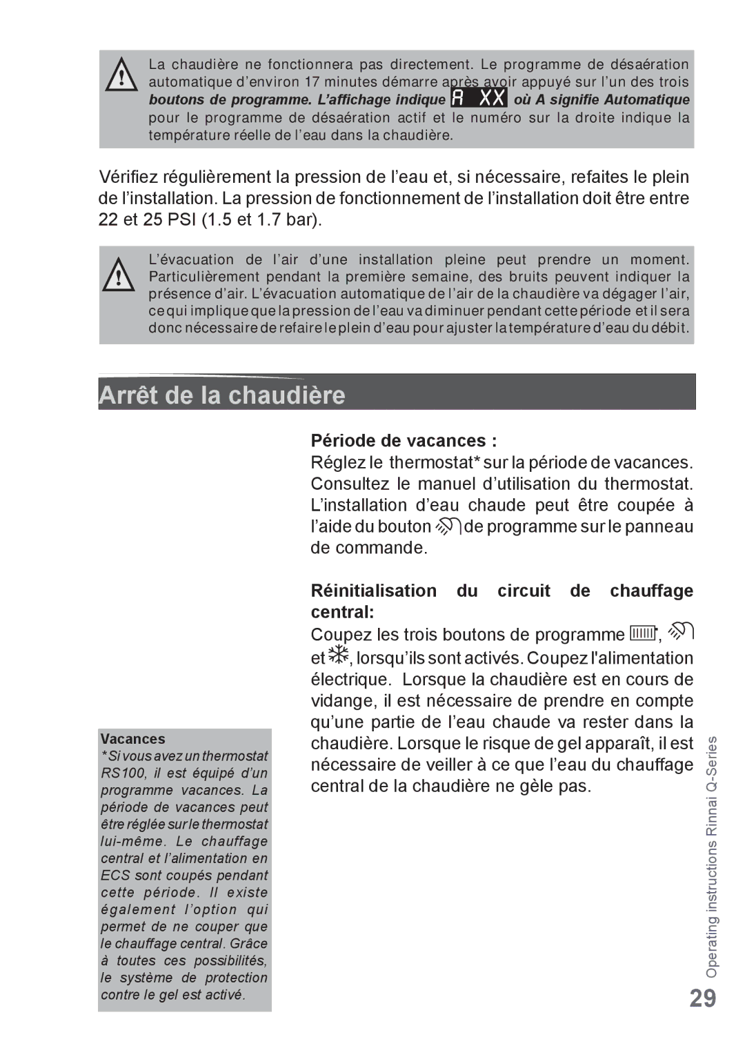 Rinnai Q205SN, Q175CP, Q85SN Arrêt de la chaudière, Période de vacances, Réinitialisation du circuit de chauffage central 