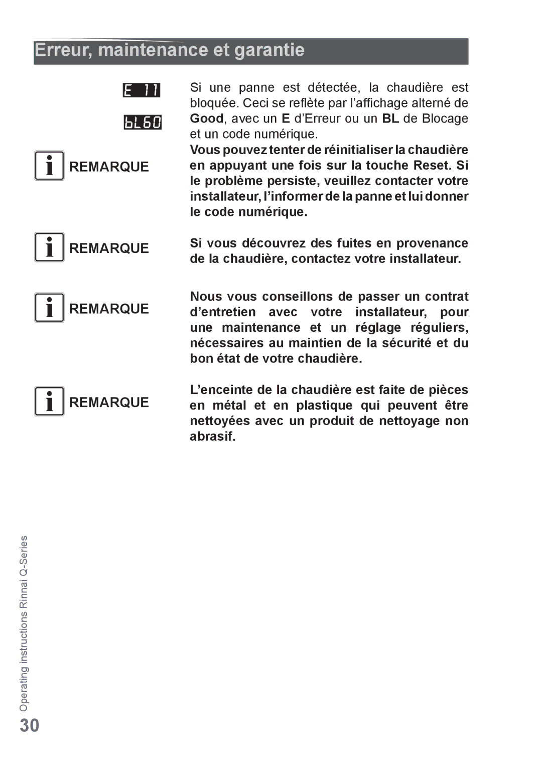 Rinnai Q175CP, Q85SN, Q85SP, Q175SN, Q130SN, Q175SP, Q205SP, Q175CN, Q130SP, Q205SN manual Erreur, maintenance et garantie, Remarque 