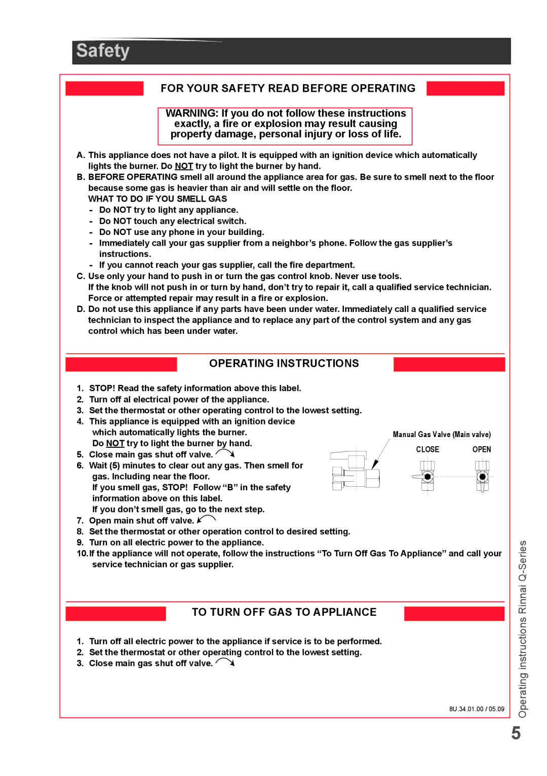 Rinnai Q175SP, Q175CP, Q85SN, Q85SP, Q175SN, Q130SN, Q205SP, Q175CN, Q130SP, Q205SN manual For Your Safety Read Before Operating 