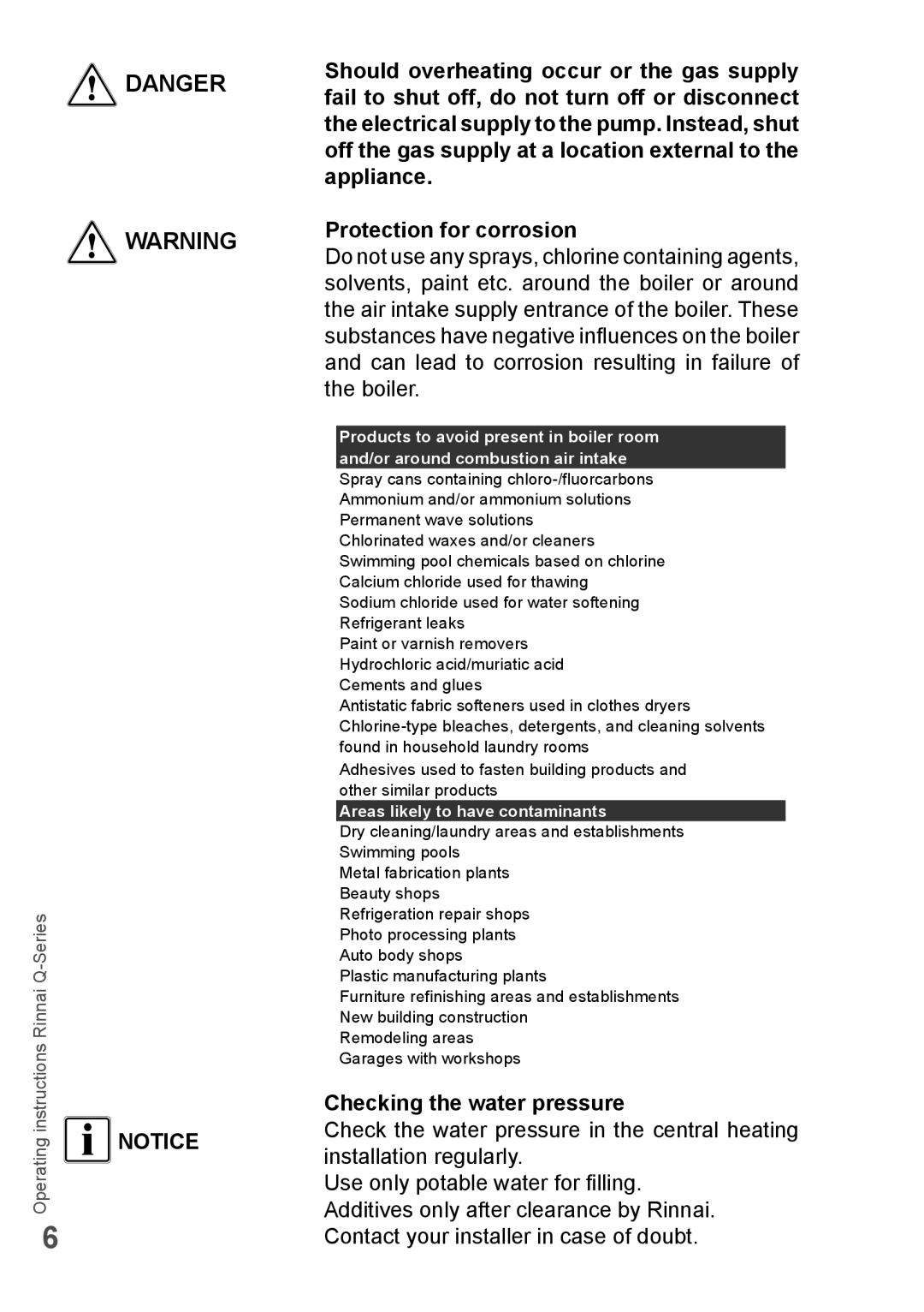 Rinnai Q205SP, Q175CP, Q85SN, Q85SP, Q175SN, Q130SN, Q175SP manual Checking the water pressure, Areas likely to have contaminants 