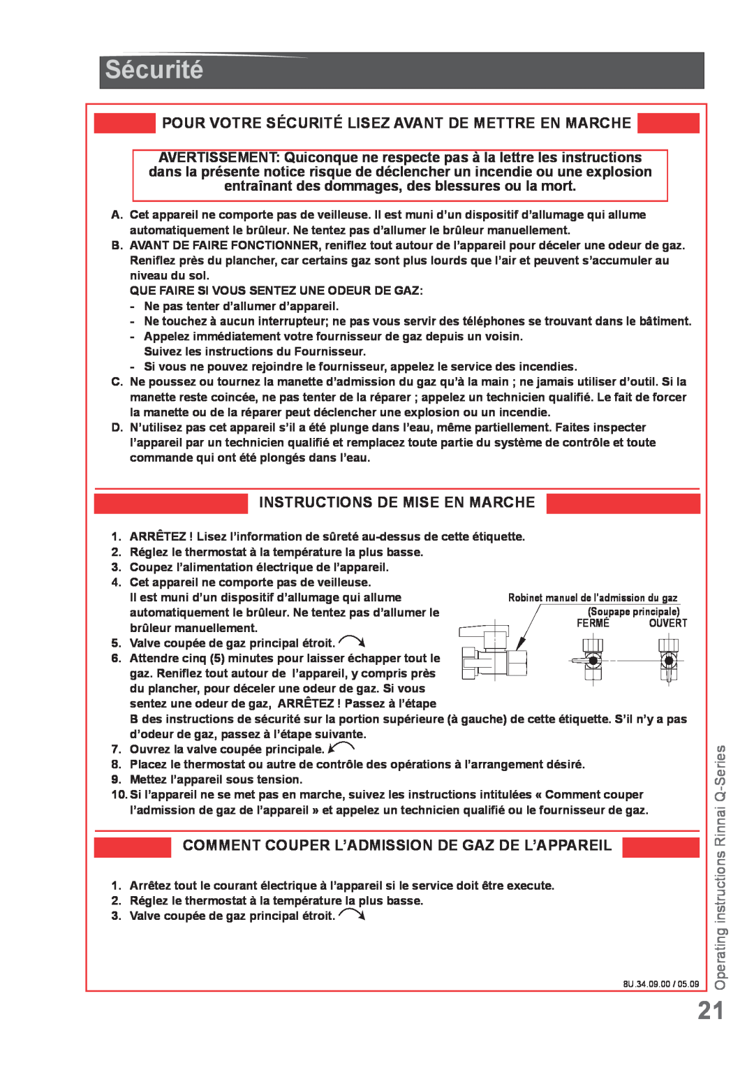 Rinnai Q85SN, Q175CP, Q85SP manual Sécurité, Instructions De Mise En Marche, Comment Couper L’Admission De Gaz De L’Appareil 