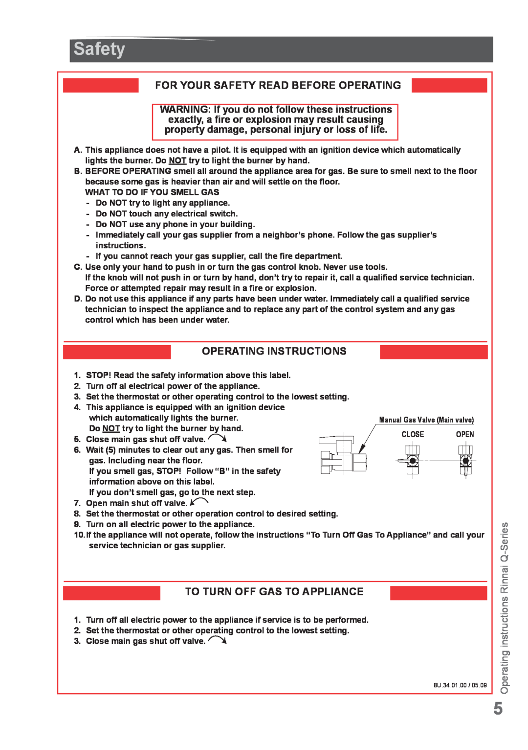 Rinnai Q175SP, Q175CP manual For Your Safety Read Before Operating, Operating Instructions, To Turn Off Gas To Appliance 