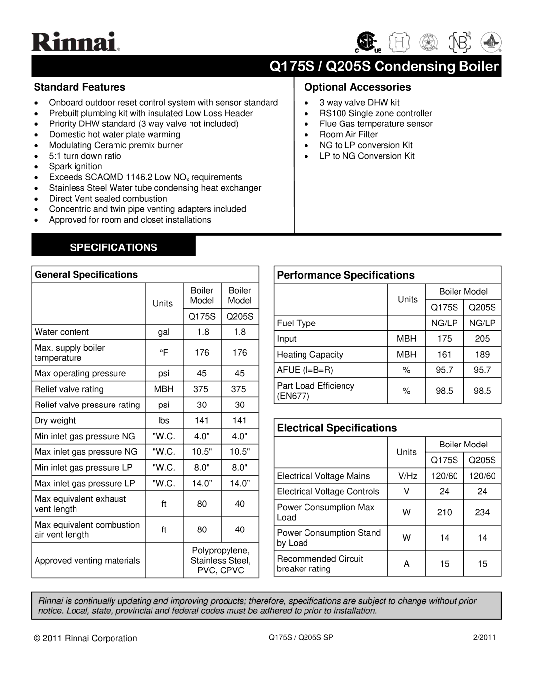 Rinnai Q205S, Q175S specifications Standard Features Optional Accessories, Performance Specifications 