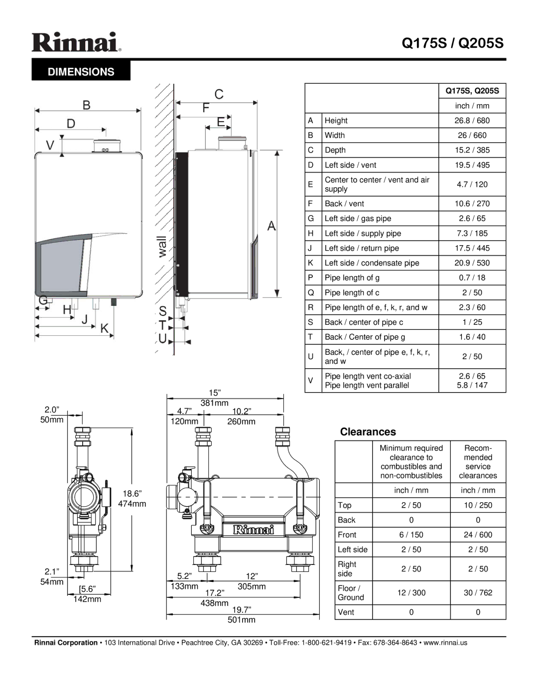 Rinnai Q175S, Q205S specifications Dimensions, Clearances 