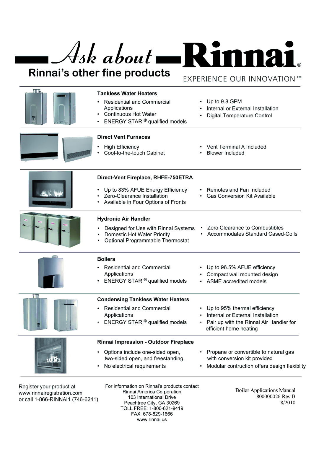 Rinnai QPA-09-0007, QPA-09-0008, QPA-09-0003, QPD-09-0002, QPA-09-0006, QPA-09-0001 manual Boiler Applications Manual Rev B 2010 