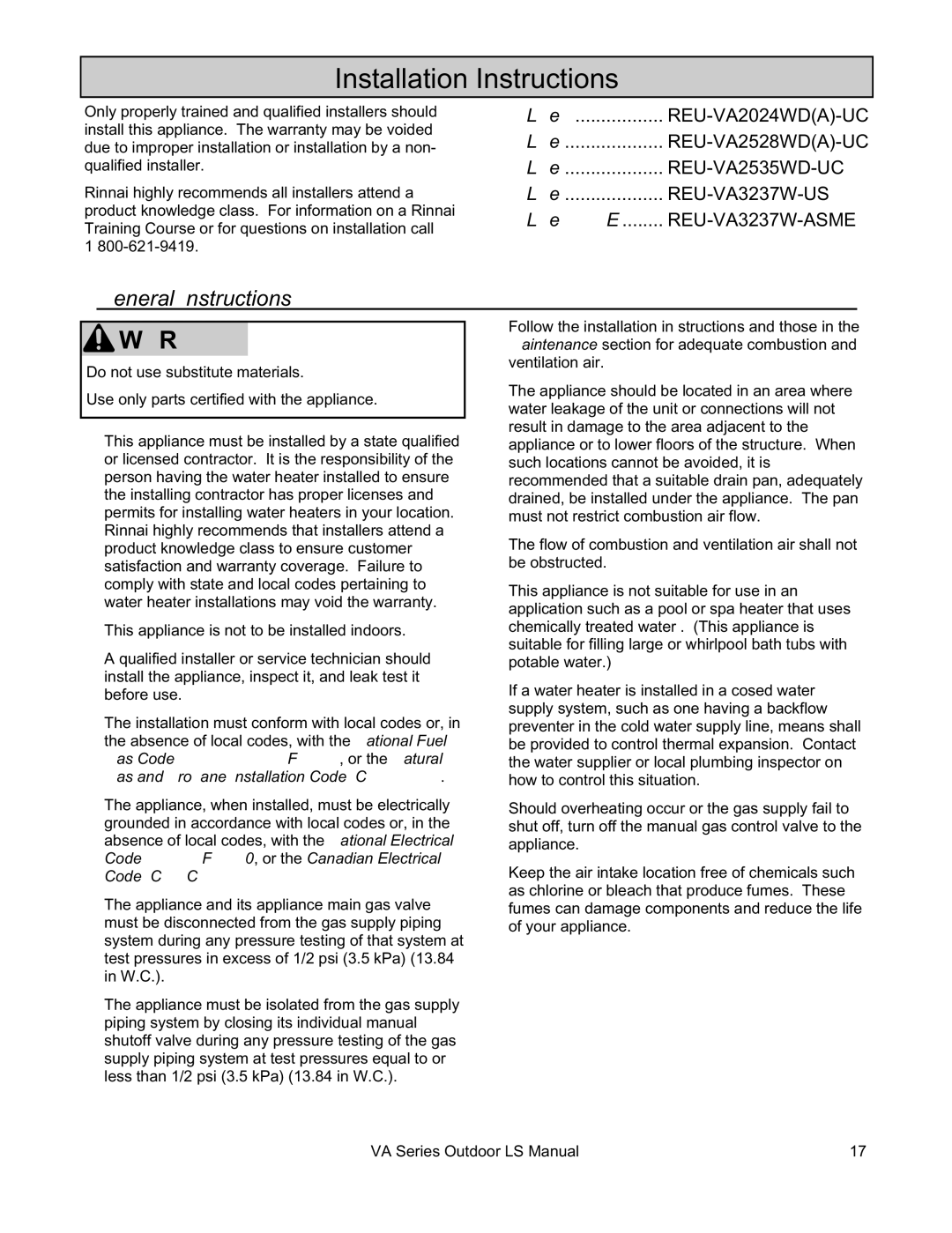 Rinnai R63LSE2 installation manual Installation Instructions, General Instructions 