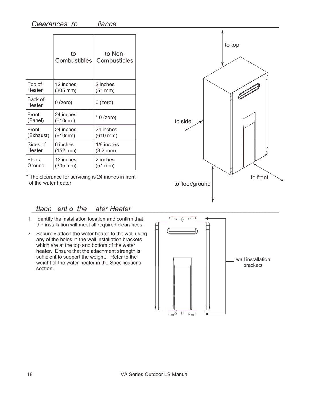 Rinnai R63LSE2 installation manual Clearances from Appliance, Attachment of the Water Heater 