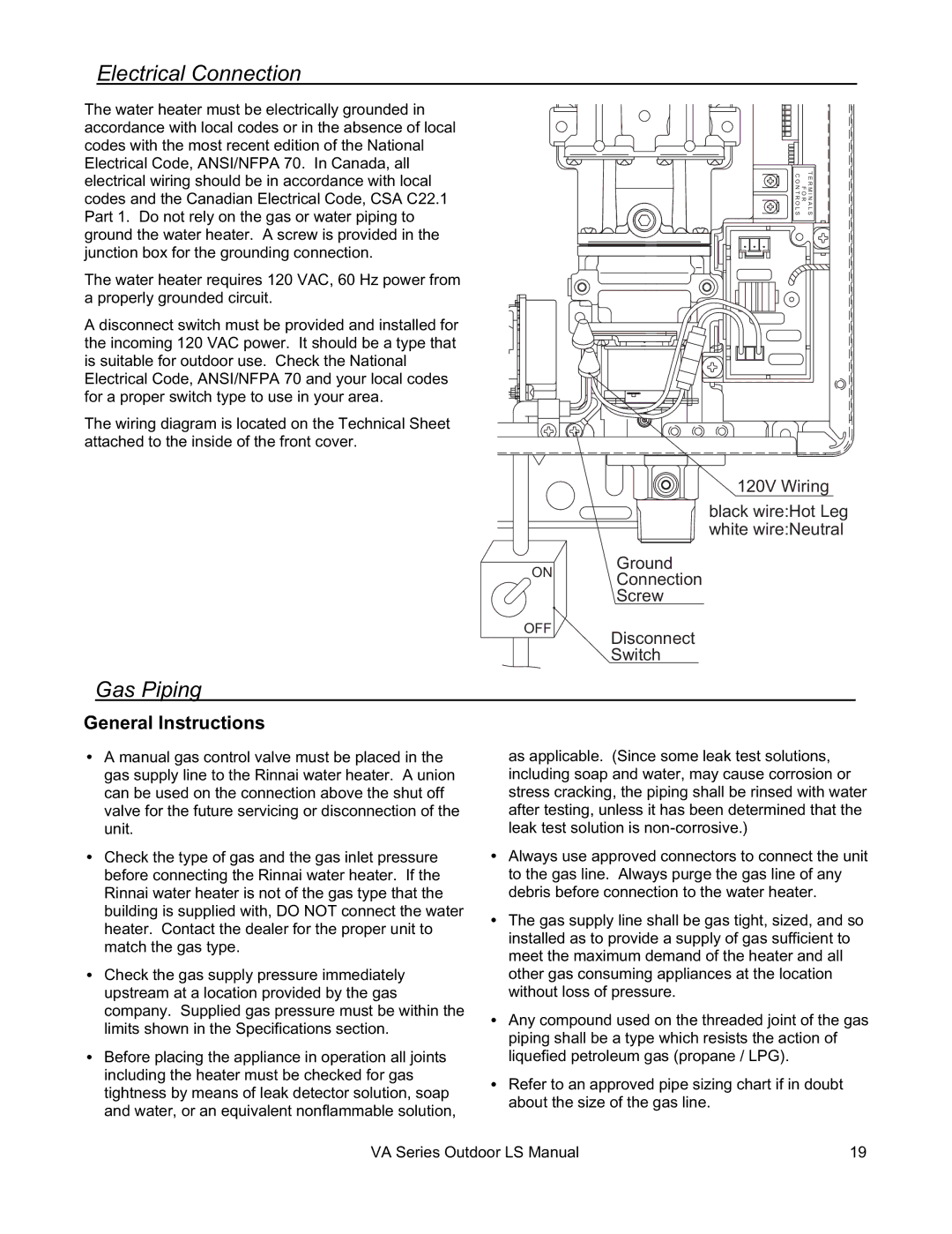 Rinnai R63LSE2 installation manual Electrical Connection, Gas Piping, General Instructions 