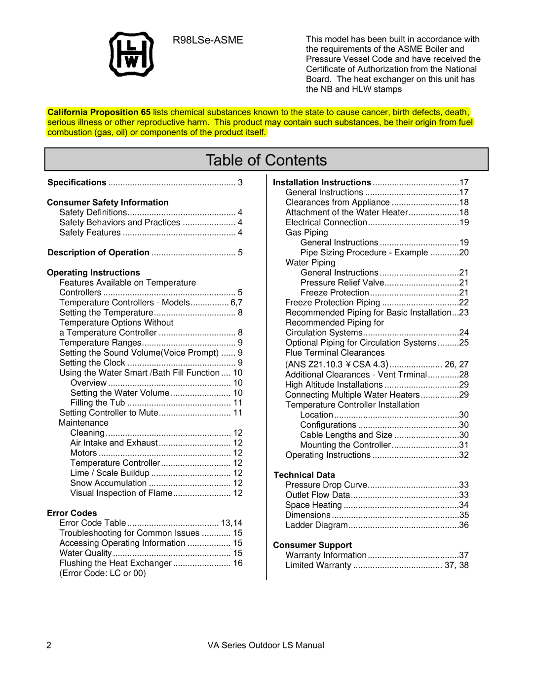 Rinnai R63LSE2 installation manual Table of Contents 