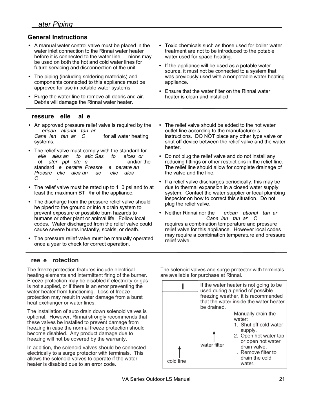 Rinnai R63LSE2 installation manual Water Piping, Pressure Relief Valve, Freeze Protection 