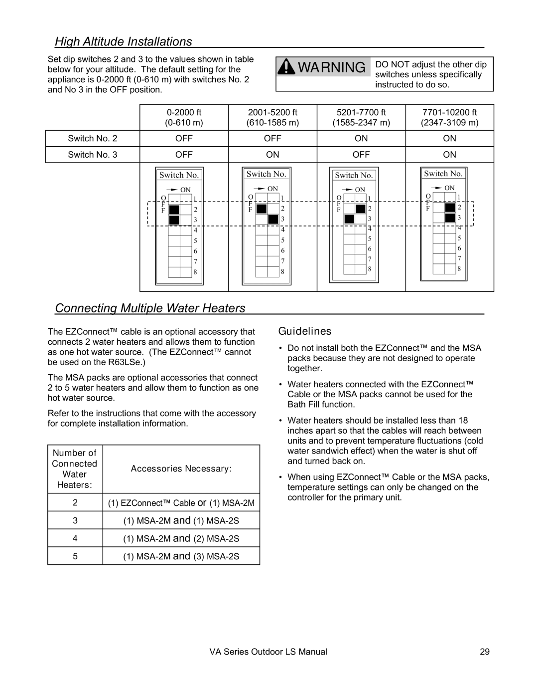 Rinnai R63LSE2 installation manual High Altitude Installations, Connecting Multiple Water Heaters, Guidelines 