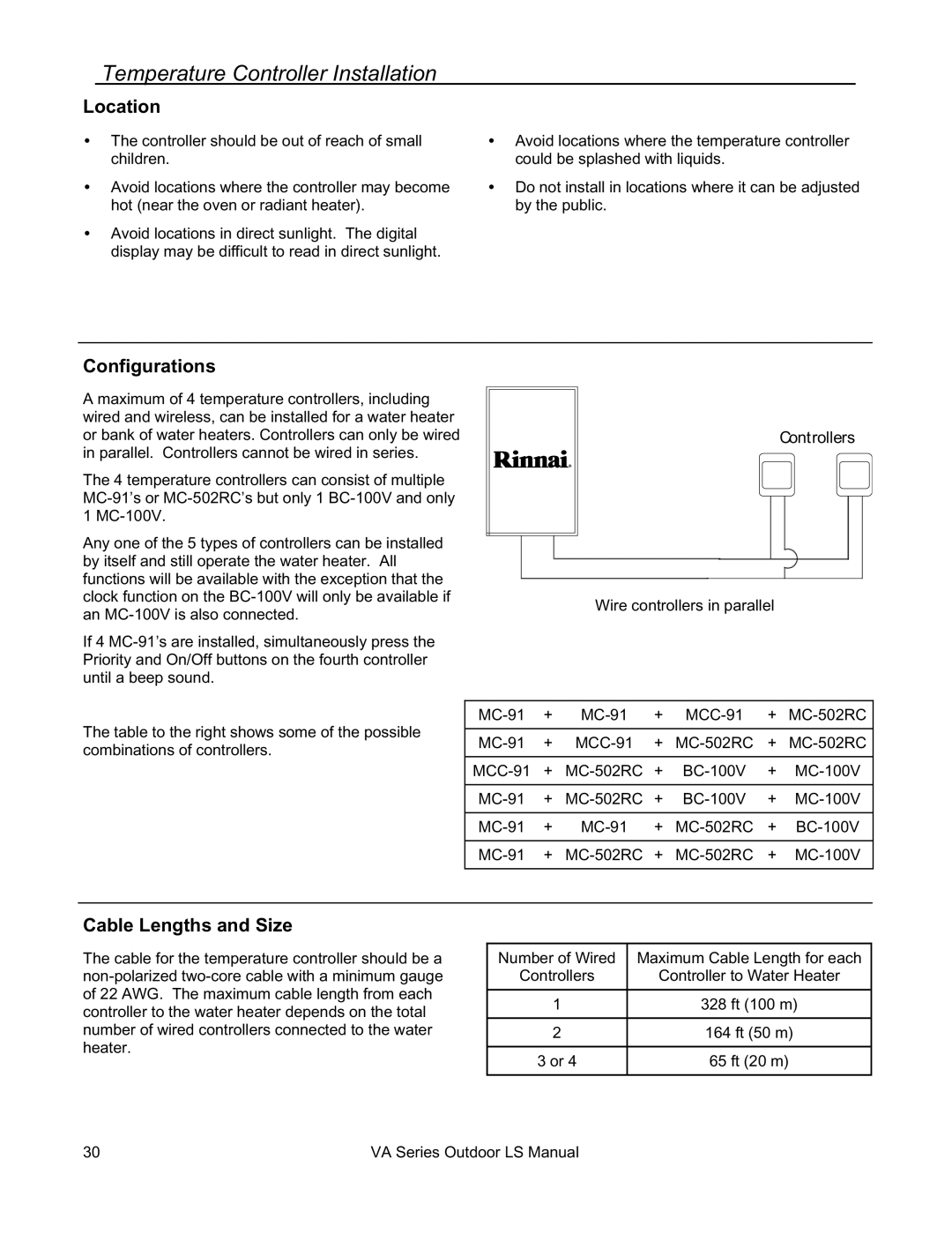 Rinnai R63LSE2 installation manual Temperature Controller Installation, Location, Configurations, Cable Lengths and Size 