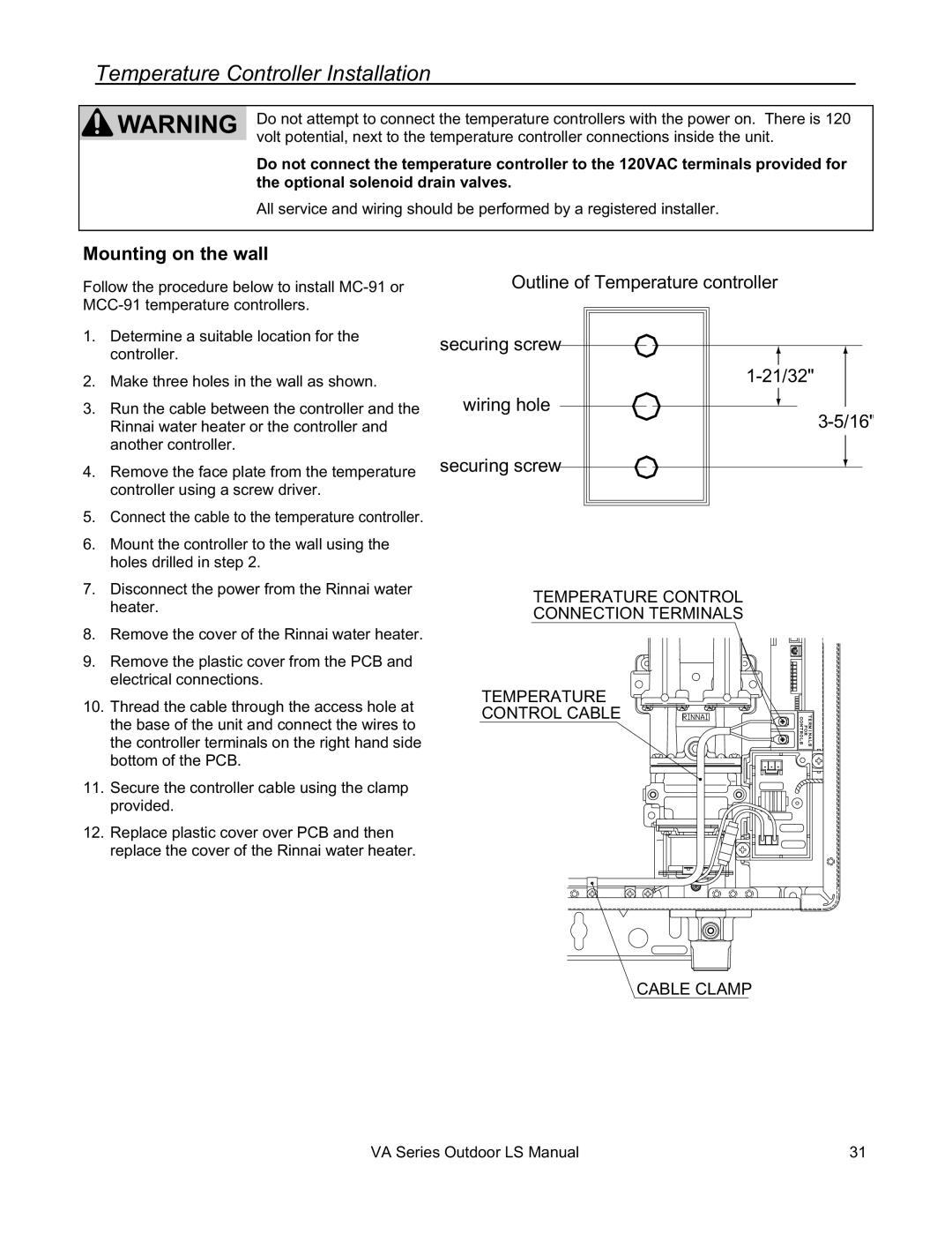 Rinnai R63LSE2 installation manual Mounting on the wall, Outline of Temperature controller 