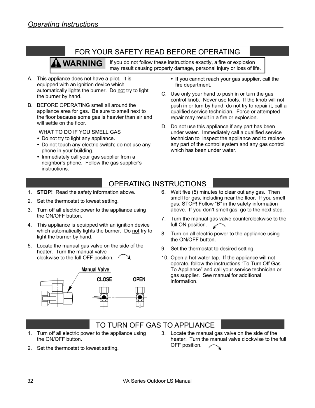 Rinnai R63LSE2 installation manual Operating Instructions, For Your Safety Read Before Operating 