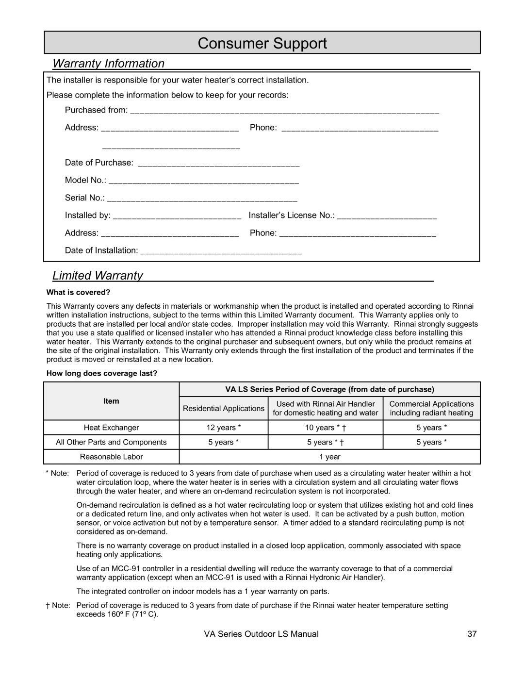 Rinnai R63LSE2 installation manual Consumer Support, Warranty Information, Limited Warranty 