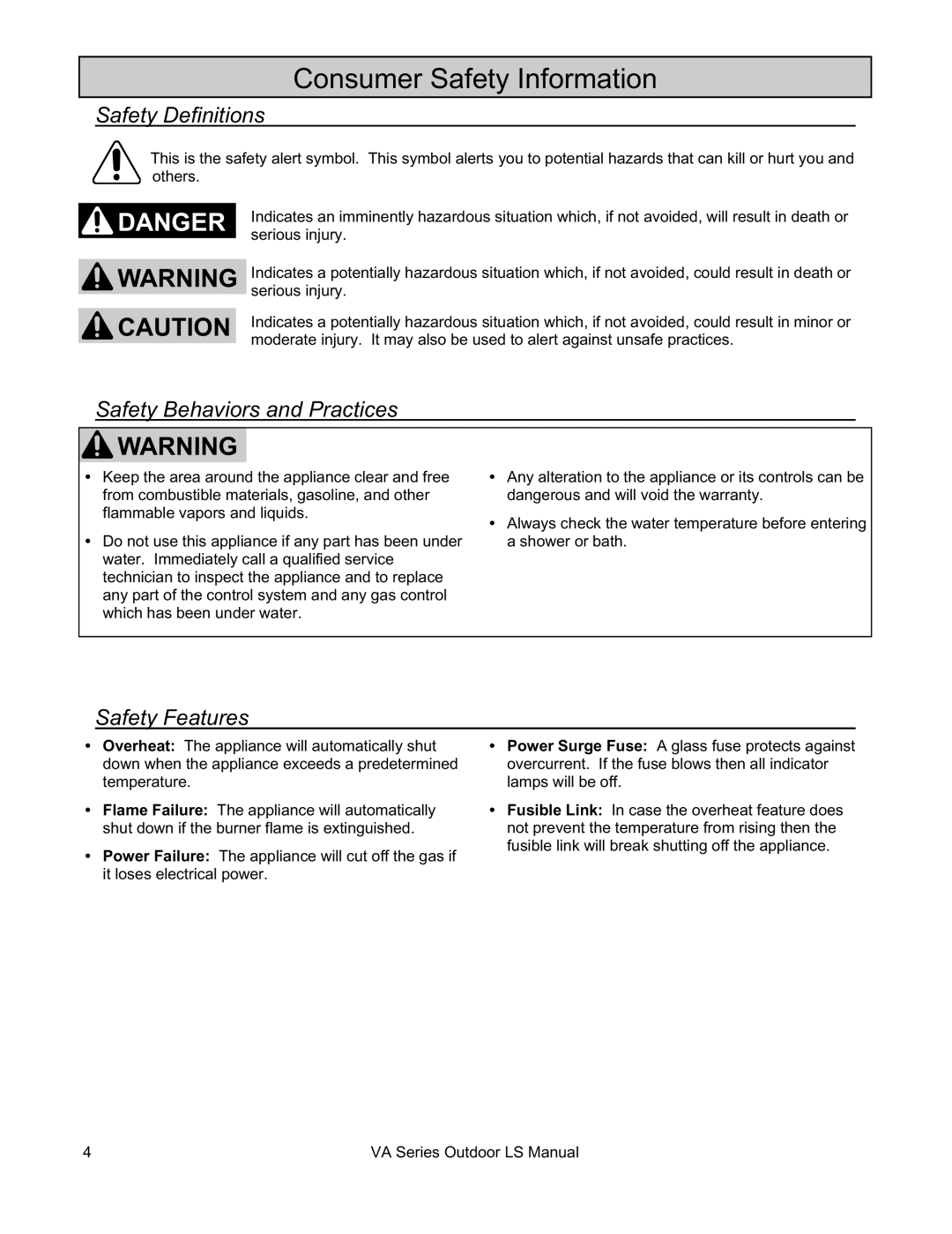 Rinnai R63LSE2 Consumer Safety Information, Safety Definitions, Safety Behaviors and Practices Safety Features 