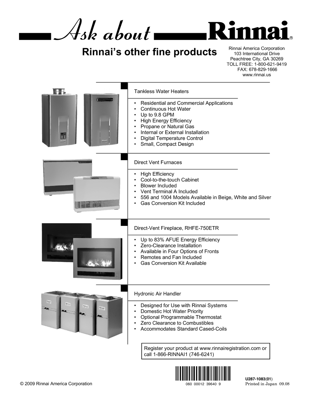 Rinnai R63LSE2 installation manual Rinnai’s other fine products 103 International Drive 