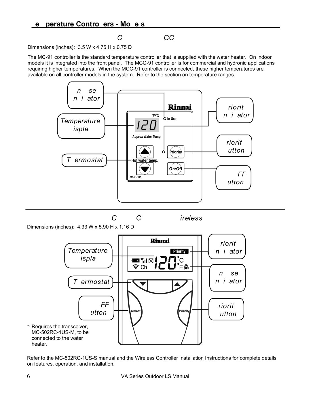 Rinnai R63LSE2 installation manual Temperature Controllers Models, MC-91-1US & MCC-91-1US 