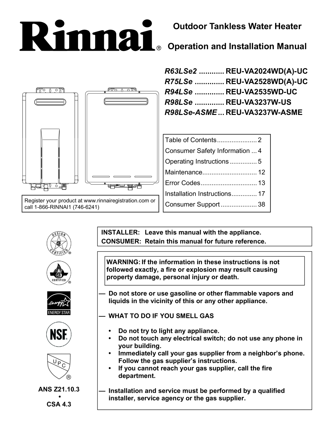 Rinnai R63LSE2 installation manual Outdoor Tankless Water Heater, Operation and Installation Manual, R63LSe2, R75LSe 